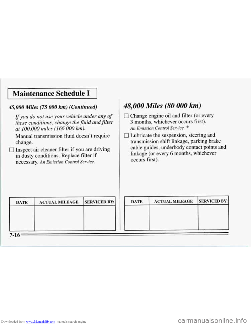 CHEVROLET CORVETTE 1995 4.G Owners Manual Downloaded from www.Manualslib.com manuals search engine Maintenance Schedule I
45,000 Miles (75 000 km) (Continued)
If you do not use your vehicle under any of
these conditions, change the flui CHEVROLET CORVETTE 1995 4.G Owners Manual Downloaded from www.Manualslib.com manuals search engine Maintenance Schedule I
45,000 Miles (75 000 km) (Continued)
If you do not use your vehicle under any of
these conditions, change the flui