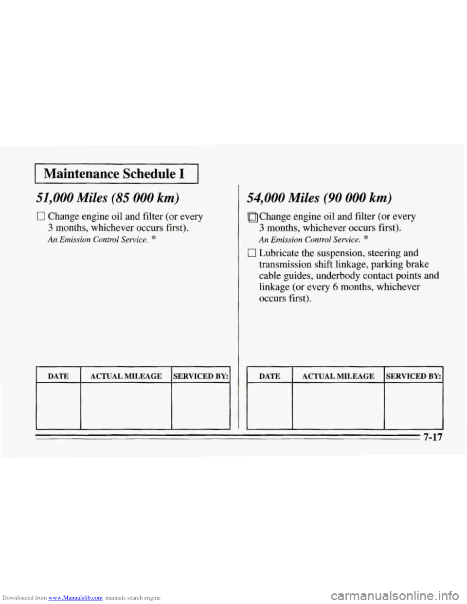CHEVROLET CORVETTE 1995 4.G Owners Manual Downloaded from www.Manualslib.com manuals search engine Maintenance Schedule I I
51,000 Miles (85 000 km)
0 Change engine oil and filter (or every
3 months, whichever occurs first).
An Emi CHEVROLET CORVETTE 1995 4.G Owners Manual Downloaded from www.Manualslib.com manuals search engine Maintenance Schedule I I
51,000 Miles (85 000 km)
0 Change engine oil and filter (or every
3 months, whichever occurs first).
An Emi