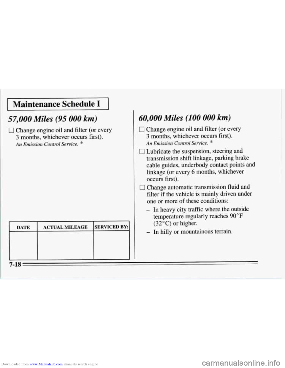 CHEVROLET CORVETTE 1995 4.G Owners Manual Downloaded from www.Manualslib.com manuals search engine I Maintenance Schedule I I ~
57,000 Miles (95 000 km)
0 Change engine oil and filter (or every
3 months, whichever occurs first).
An Emiss CHEVROLET CORVETTE 1995 4.G Owners Manual Downloaded from www.Manualslib.com manuals search engine I Maintenance Schedule I I ~
57,000 Miles (95 000 km)
0 Change engine oil and filter (or every
3 months, whichever occurs first).
An Emiss
