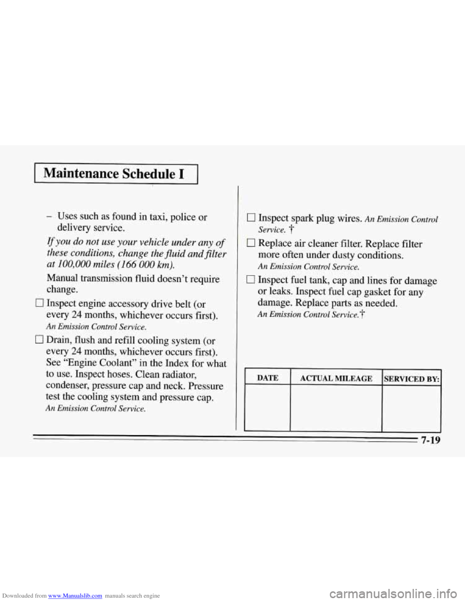 CHEVROLET CORVETTE 1995 4.G Owners Manual Downloaded from www.Manualslib.com manuals search engine Maintenance Schedule I
- Uses such as found in taxi, police or
Ifyou do not use your vehicle under any of
these conditions, change the CHEVROLET CORVETTE 1995 4.G Owners Manual Downloaded from www.Manualslib.com manuals search engine Maintenance Schedule I
- Uses such as found in taxi, police or
Ifyou do not use your vehicle under any of
these conditions, change the