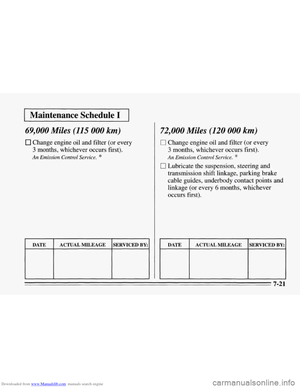 CHEVROLET CORVETTE 1995 4.G Owners Manual Downloaded from www.Manualslib.com manuals search engine 1 Maintenance Schedule I I
69,000 Miles (115 000 km)
Change engine oil and filter (or every
3 months, whichever occurs first).
An Em CHEVROLET CORVETTE 1995 4.G Owners Manual Downloaded from www.Manualslib.com manuals search engine 1 Maintenance Schedule I I
69,000 Miles (115 000 km)
Change engine oil and filter (or every
3 months, whichever occurs first).
An Em