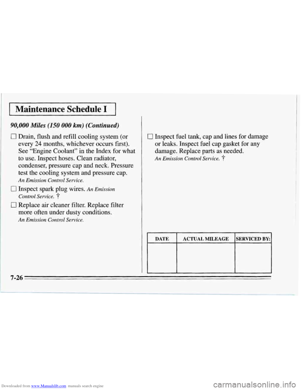CHEVROLET CORVETTE 1995 4.G Owners Manual Downloaded from www.Manualslib.com manuals search engine Maintenance Schedule I
90,000 Miles (150 000 km) (Continued)
0 Drain, flush and refill cooling system (or
every
24 months, whichever occur CHEVROLET CORVETTE 1995 4.G Owners Manual Downloaded from www.Manualslib.com manuals search engine Maintenance Schedule I
90,000 Miles (150 000 km) (Continued)
0 Drain, flush and refill cooling system (or
every
24 months, whichever occur