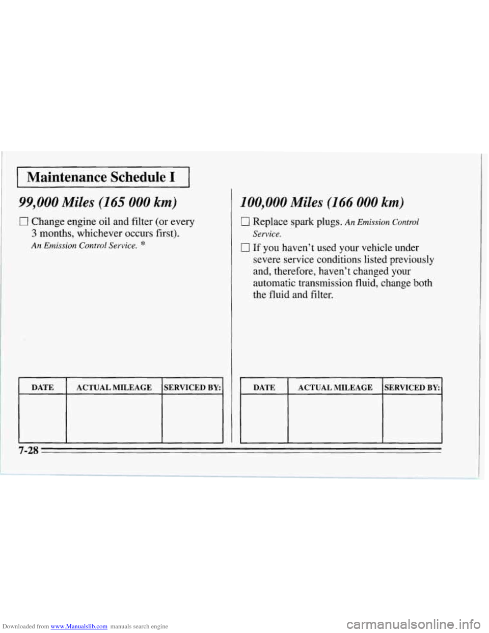 CHEVROLET CORVETTE 1995 4.G Owners Manual Downloaded from www.Manualslib.com manuals search engine r Maintenance  Schedule I I ~ 
99,000 Miles (165 000 km) 
0 Change engine oil and filter  (or every 
3 months, whichever occurs first). 
An Emi