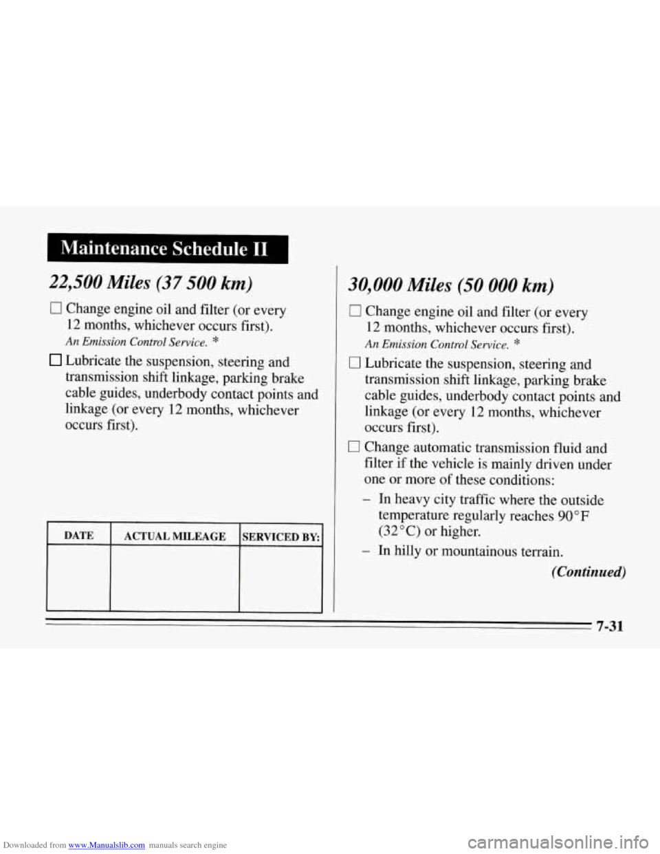 CHEVROLET CORVETTE 1995 4.G Owners Manual Downloaded from www.Manualslib.com manuals search engine Maintenance Schedule I1
22,500 Miles (37 500 km)
0 Change engine oil and filter (or every
12 months, whichever occurs first).
An Em CHEVROLET CORVETTE 1995 4.G Owners Manual Downloaded from www.Manualslib.com manuals search engine Maintenance Schedule I1
22,500 Miles (37 500 km)
0 Change engine oil and filter (or every
12 months, whichever occurs first).
An Em