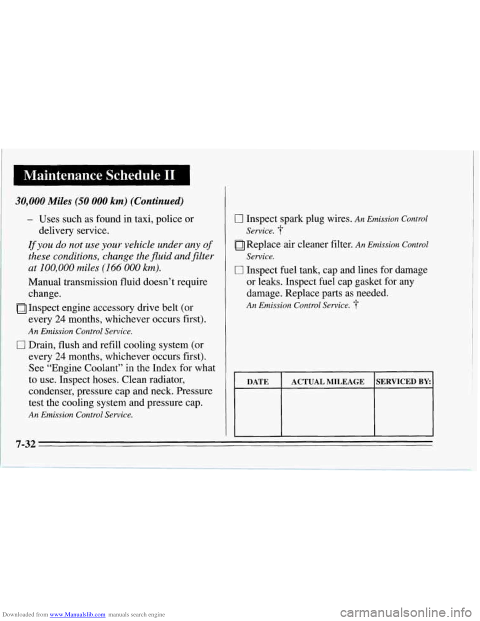 CHEVROLET CORVETTE 1995 4.G Owners Manual Downloaded from www.Manualslib.com manuals search engine I Maintenance Schedule I1
30,000 Miles (50 000 km) (Continued)
- Uses such as found in taxi, police or
If you do not use your vehicle unde CHEVROLET CORVETTE 1995 4.G Owners Manual Downloaded from www.Manualslib.com manuals search engine I Maintenance Schedule I1
30,000 Miles (50 000 km) (Continued)
- Uses such as found in taxi, police or
If you do not use your vehicle unde