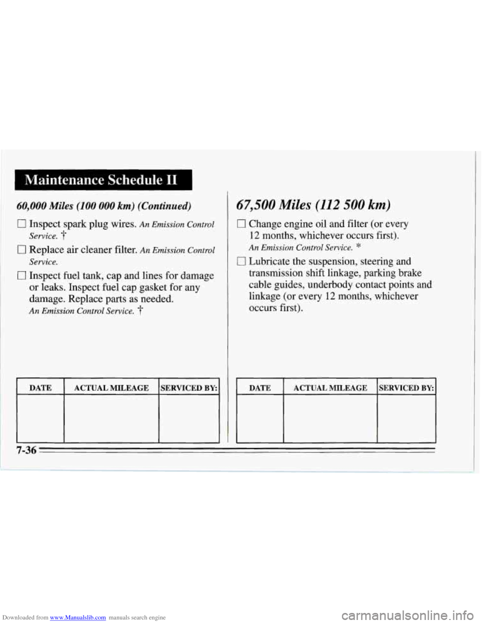 CHEVROLET CORVETTE 1995 4.G Owners Manual Downloaded from www.Manualslib.com manuals search engine 1 Maintenance Schedule I1
60,000 Miles (100 000 km) (Continued)
0 Inspect spark plug wires. An Emission Control
0 Replace air cleaner filt CHEVROLET CORVETTE 1995 4.G Owners Manual Downloaded from www.Manualslib.com manuals search engine 1 Maintenance Schedule I1
60,000 Miles (100 000 km) (Continued)
0 Inspect spark plug wires. An Emission Control
0 Replace air cleaner filt