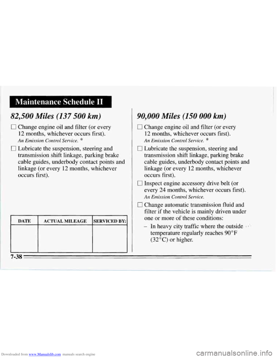 CHEVROLET CORVETTE 1995 4.G Owners Manual Downloaded from www.Manualslib.com manuals search engine Maintenance Schedule I1 I
82,500 Miles (137 500 km)
0 Change engine oil and filter (or every
12 months, whichever occurs first).
17 Lubri CHEVROLET CORVETTE 1995 4.G Owners Manual Downloaded from www.Manualslib.com manuals search engine Maintenance Schedule I1 I
82,500 Miles (137 500 km)
0 Change engine oil and filter (or every
12 months, whichever occurs first).
17 Lubri