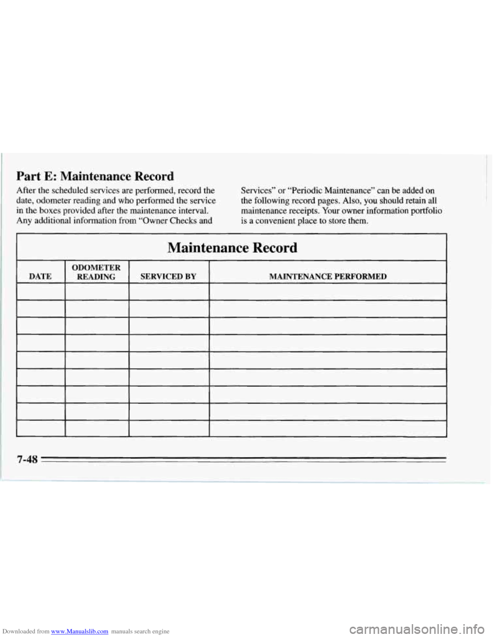 CHEVROLET CORVETTE 1995 4.G Owners Manual Downloaded from www.Manualslib.com manuals search engine Part E: Maintenance Record
After the scheduled services are performed, record the
date, odometer reading and who performed the servic CHEVROLET CORVETTE 1995 4.G Owners Manual Downloaded from www.Manualslib.com manuals search engine Part E: Maintenance Record
After the scheduled services are performed, record the
date, odometer reading and who performed the servic