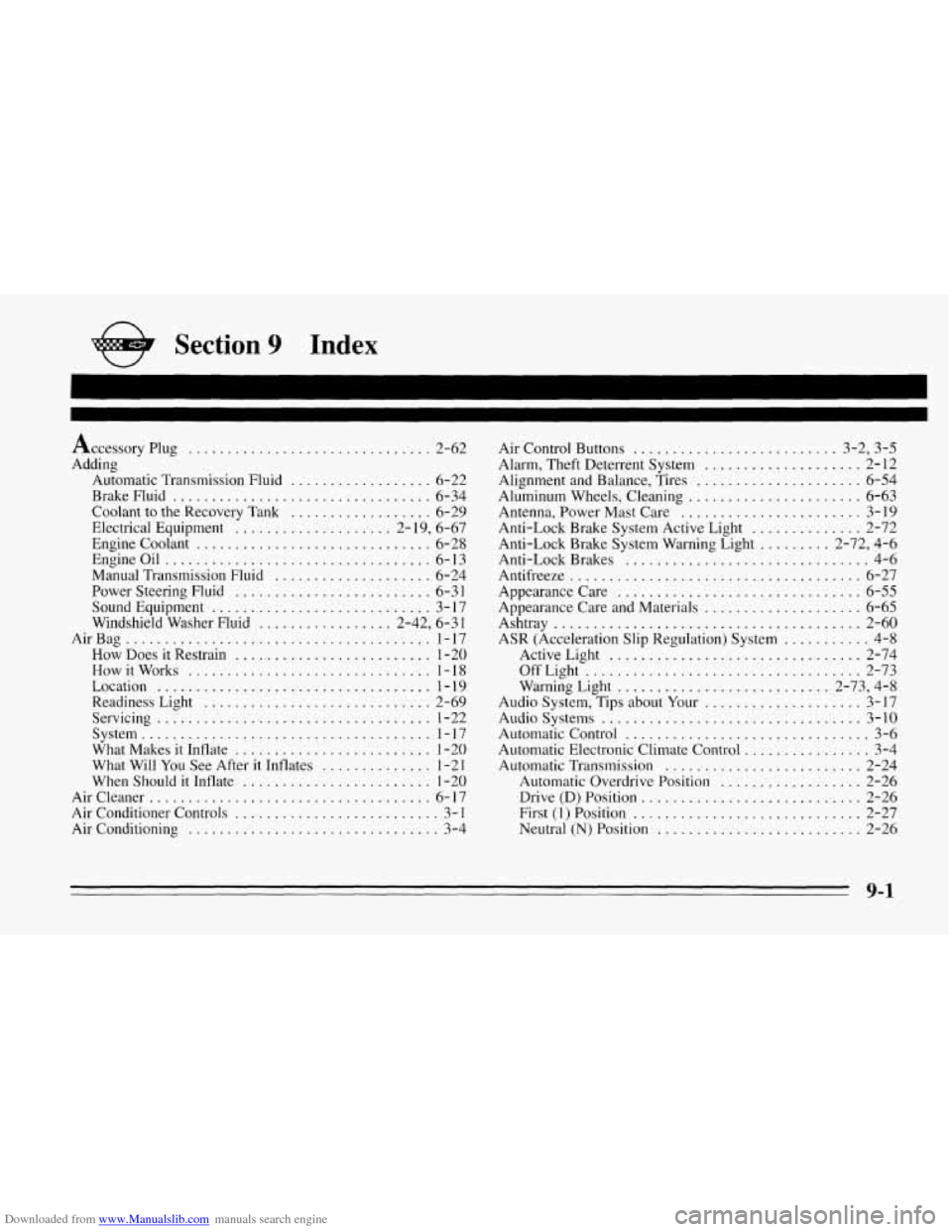 CHEVROLET CORVETTE 1995 4.G Owners Manual Downloaded from www.Manualslib.com manuals search engine Index 
Accessory Plug ............. ............. 2-62 
Adding  Automatic  Transmission  Fluid 
................ 6-22 
Brake  Fluid 
..........