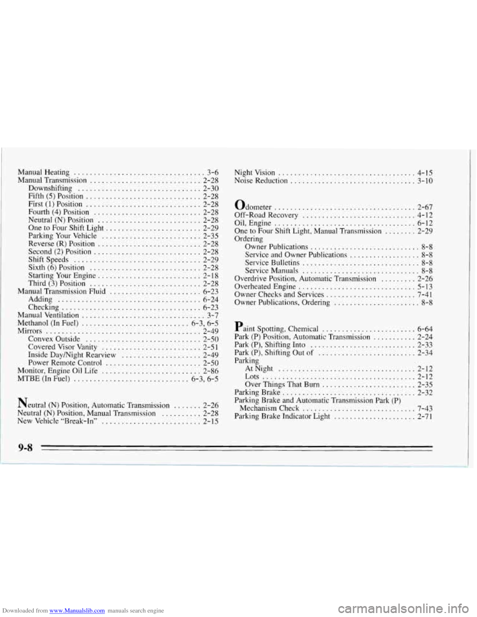 CHEVROLET CORVETTE 1995 4.G Owners Manual Downloaded from www.Manualslib.com manuals search engine ManualHeating ................................. 3-6 
Manual Transmission 
............................ 2-28 
Downshifting 
....................