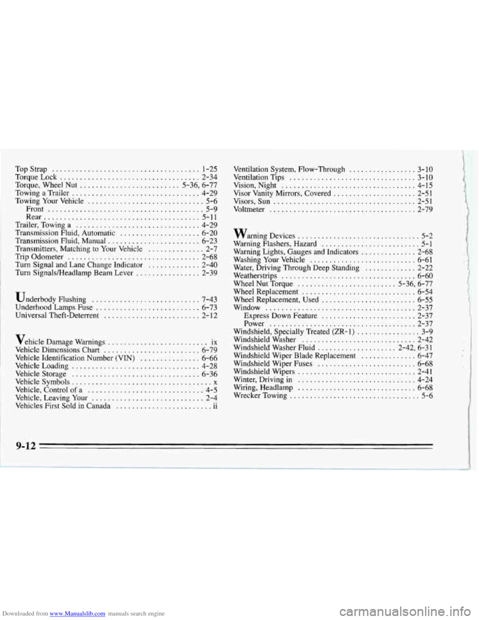 CHEVROLET CORVETTE 1995 4.G Owners Manual Downloaded from www.Manualslib.com manuals search engine TopStrap ..................................... 1-25 
TorqueLock 
................................... 2-34 
Torque.  Wheel  Nut 
...............
