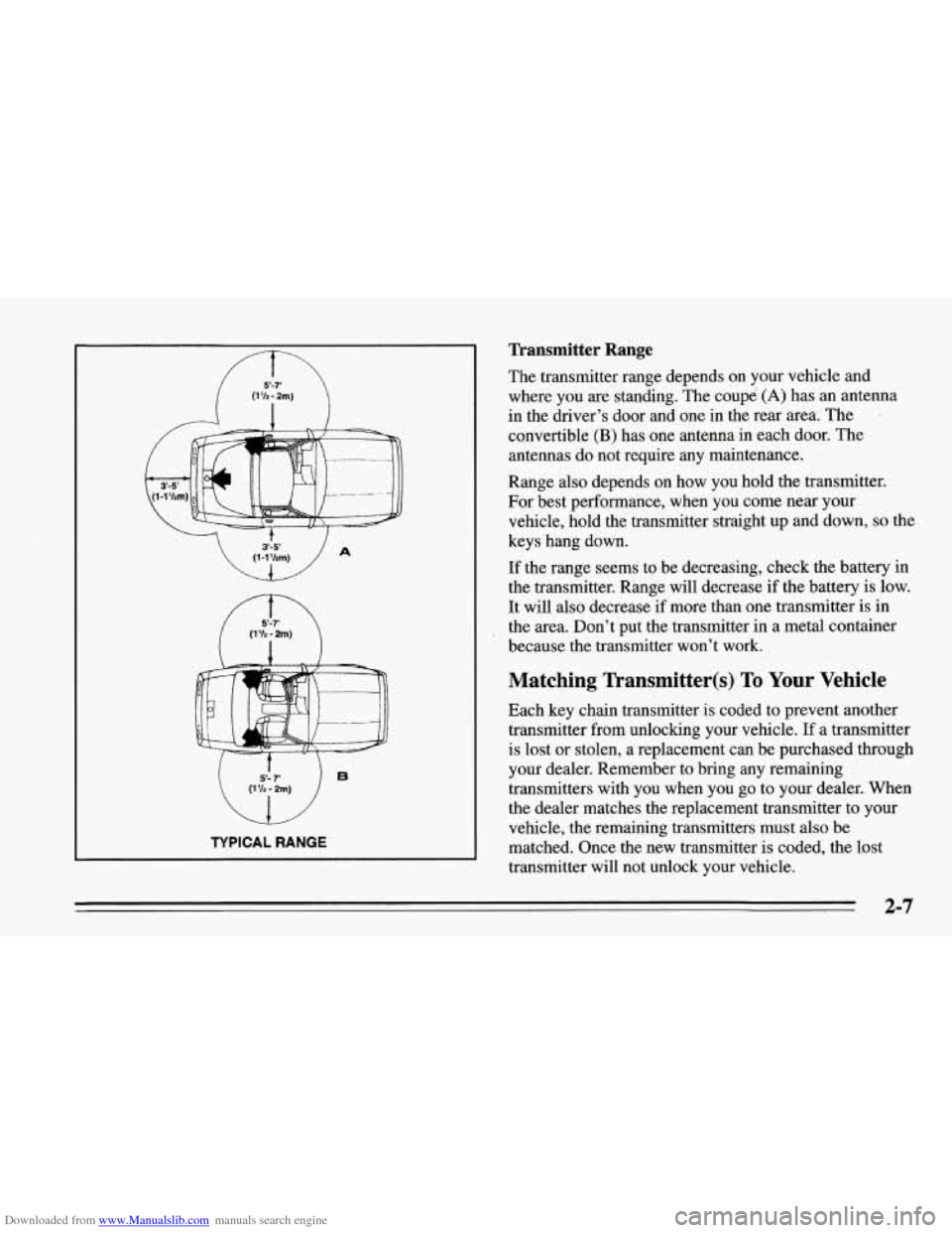 CHEVROLET CORVETTE 1995 4.G Service Manual Downloaded from www.Manualslib.com manuals search engine WA
(l-l%m)
(1 VZ - 2m)
5- 7 (1 12 - 2m)
TYPICAL RANGE
Transmitter Range
The transmitter range depends on your vehicle and
where CHEVROLET CORVETTE 1995 4.G Service Manual Downloaded from www.Manualslib.com manuals search engine WA
(l-l%m)
(1 VZ - 2m)
5- 7 (1 12 - 2m)
TYPICAL RANGE
Transmitter Range
The transmitter range depends on your vehicle and
where