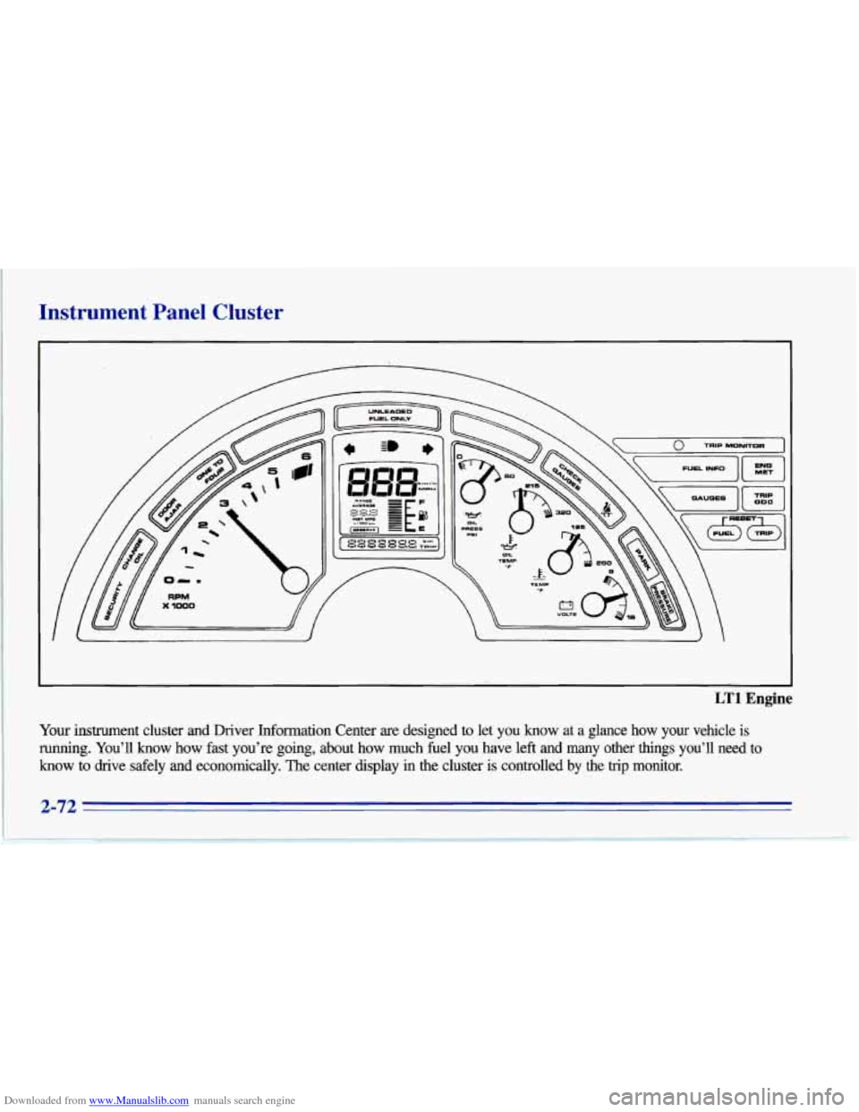 CHEVROLET CORVETTE 1996 4.G Owners Manual Downloaded from www.Manualslib.com manuals search engine Instrument Panel Cluster
LT1 Engine
Your instrument cluster and Driver Information Center are designed to let you know at a glan CHEVROLET CORVETTE 1996 4.G Owners Manual Downloaded from www.Manualslib.com manuals search engine Instrument Panel Cluster
LT1 Engine
Your instrument cluster and Driver Information Center are designed to let you know at a glan