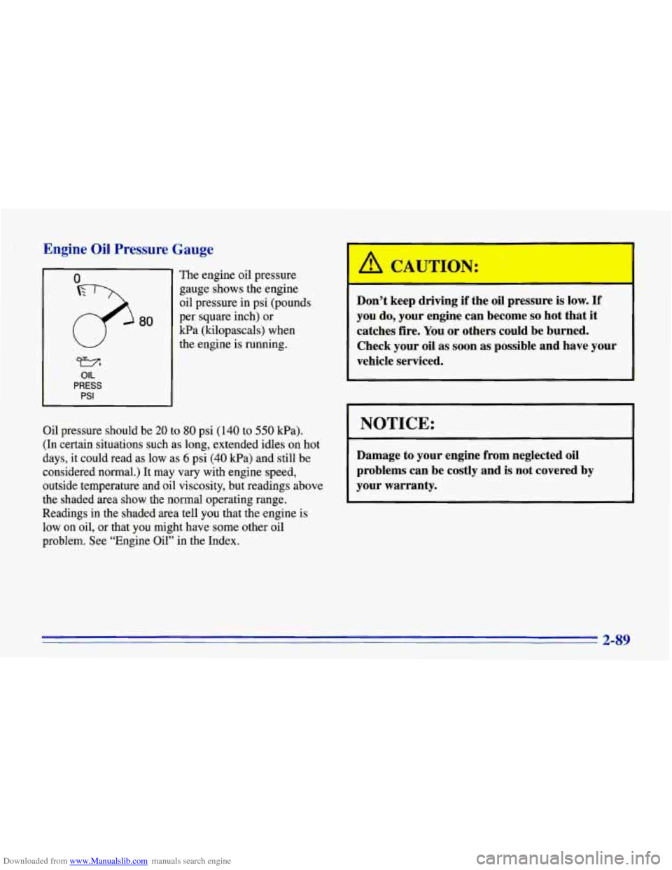 CHEVROLET CORVETTE 1996 4.G Owners Manual Downloaded from www.Manualslib.com manuals search engine Engine Oil Pressure Gauge
0
WA
OIL
PRESS
PSI
The engine oil pressure
gauge shows the engine
oil pressure in psi (pounds
per square CHEVROLET CORVETTE 1996 4.G Owners Manual Downloaded from www.Manualslib.com manuals search engine Engine Oil Pressure Gauge
0
WA
OIL
PRESS
PSI
The engine oil pressure
gauge shows the engine
oil pressure in psi (pounds
per square