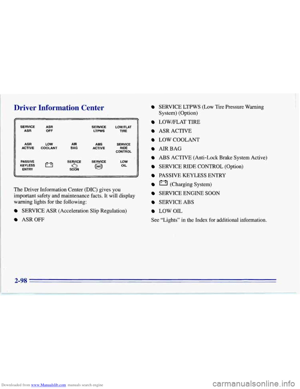 CHEVROLET CORVETTE 1996 4.G Owners Manual Downloaded from www.Manualslib.com manuals search engine Driver  Information  Center 
SERVICE ASR ASR OFF 
ASR LOW ACTIVE COOLANT 
PASSIVE 
KEYLESS 
ENTRY 
AIR BAG 
SERVICE LOWFLAT LTPWS TIRE 
ABS  SE