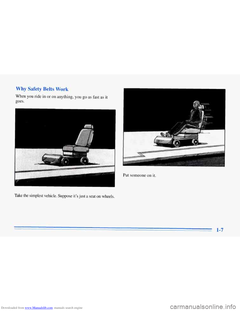 CHEVROLET CORVETTE 1996 4.G User Guide Downloaded from www.Manualslib.com manuals search engine Why Safety Belts Work
When you ride in or on anything, you go as fast as it
goes.
Take the simplest vehicle. Suppose its just a sea CHEVROLET CORVETTE 1996 4.G User Guide Downloaded from www.Manualslib.com manuals search engine Why Safety Belts Work
When you ride in or on anything, you go as fast as it
goes.
Take the simplest vehicle. Suppose its just a sea