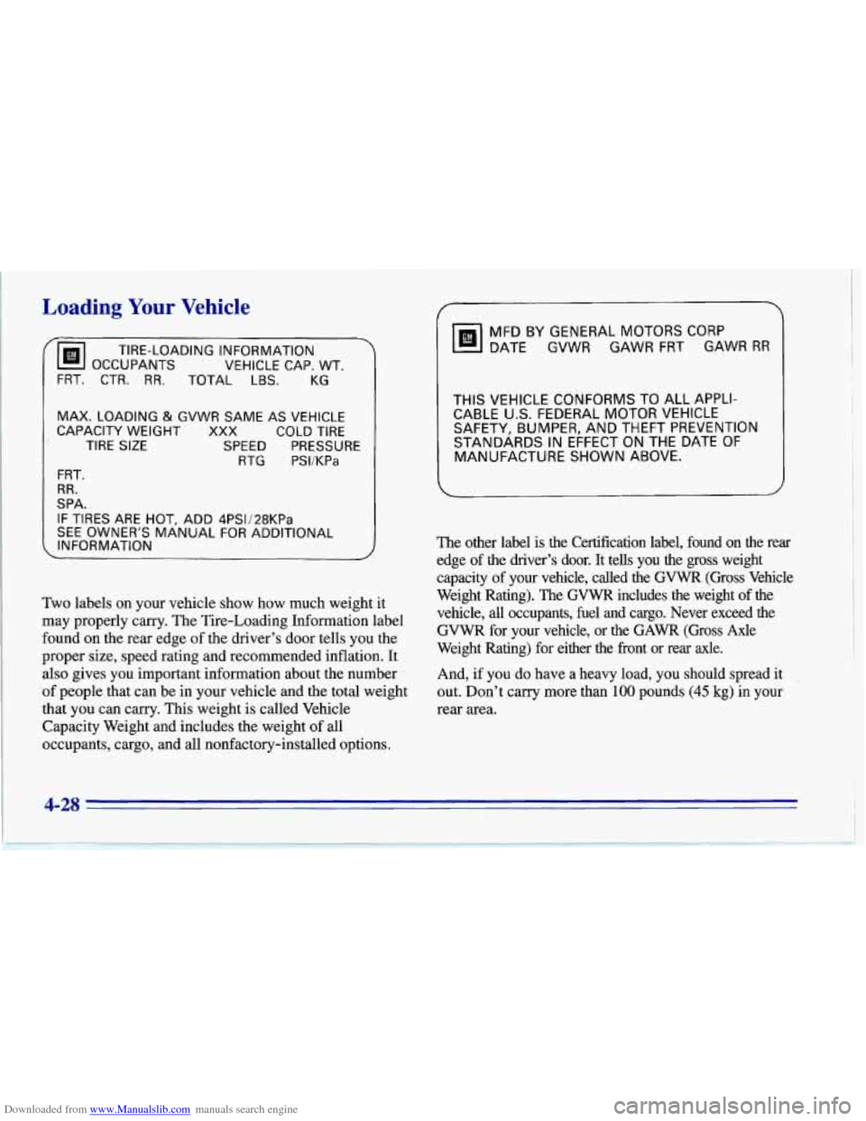 CHEVROLET CORVETTE 1996 4.G Owners Manual Downloaded from www.Manualslib.com manuals search engine Loading Your Vehicle
Tm OCCUPANTS VEHICLE CAP. WT.
TIRE-LOADING
INFORMATION
FRT. CTR. RR. TOTAL LBS. KG
MAX. LOADING & GVWR SAME AS VEH CHEVROLET CORVETTE 1996 4.G Owners Manual Downloaded from www.Manualslib.com manuals search engine Loading Your Vehicle
Tm OCCUPANTS VEHICLE CAP. WT.
TIRE-LOADING
INFORMATION
FRT. CTR. RR. TOTAL LBS. KG
MAX. LOADING & GVWR SAME AS VEH