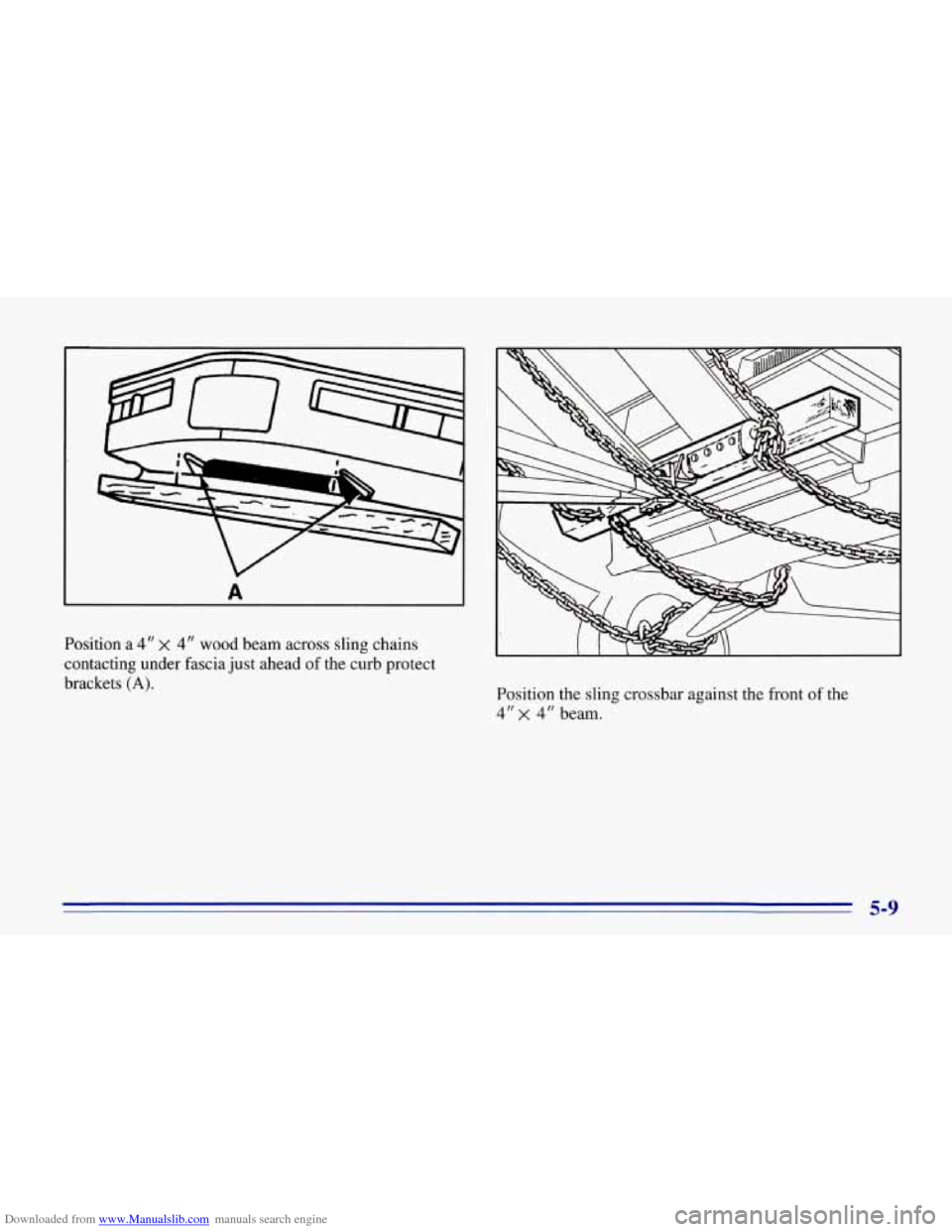 CHEVROLET CORVETTE 1996 4.G Owners Manual Downloaded from www.Manualslib.com manuals search engine A
Position a 4" X 4" wood beam across sling chains
contacting under fascia just ahead of the curb protect
brackets
(A). Position t CHEVROLET CORVETTE 1996 4.G Owners Manual Downloaded from www.Manualslib.com manuals search engine A
Position a 4" X 4" wood beam across sling chains
contacting under fascia just ahead of the curb protect
brackets
(A). Position t