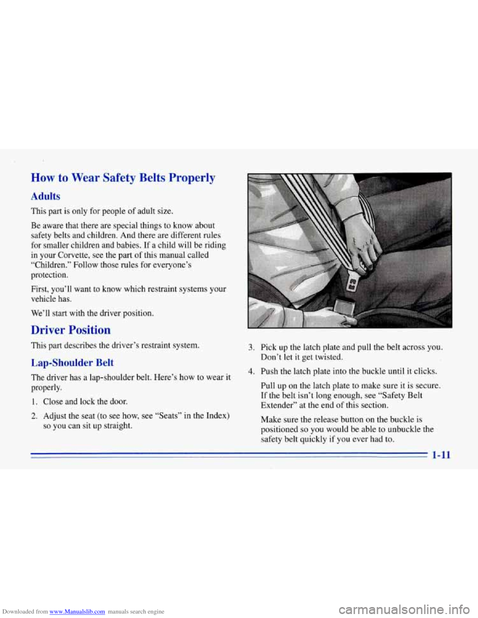 CHEVROLET CORVETTE 1996 4.G Owners Manual Downloaded from www.Manualslib.com manuals search engine How to Wear  Safety  Belts  Properly 
Adults 
This  part  is  only  for  people  of  adult  size. 
Be  aware  that  there  are  special  things
