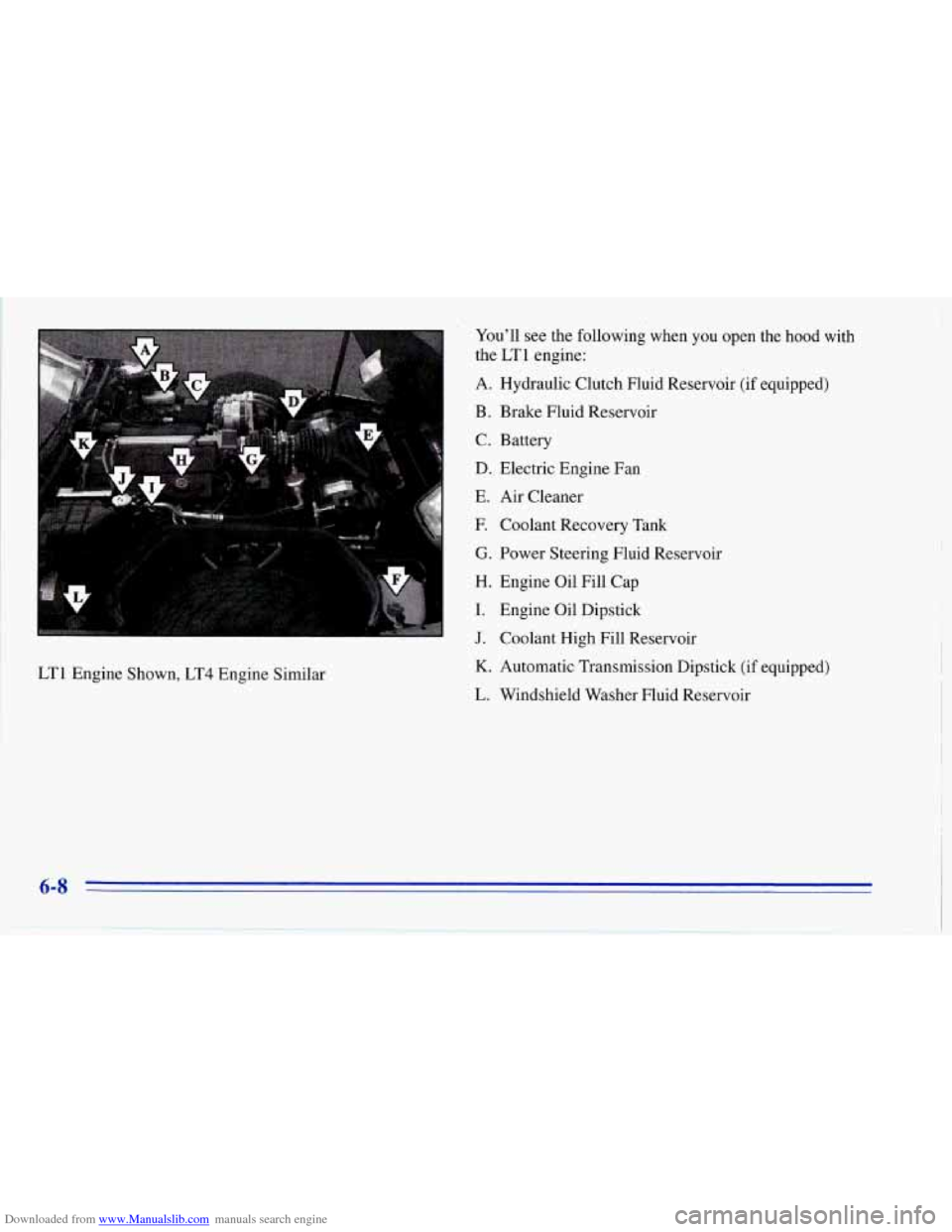CHEVROLET CORVETTE 1996 4.G Owners Manual Downloaded from www.Manualslib.com manuals search engine LT1 Engine Shown,  LT4 Engine Similar  You’ll 
see the  following  when  you  open  the  hood  with 
the 
LT1 engine: 
A.  Hydraulic  Clutch 