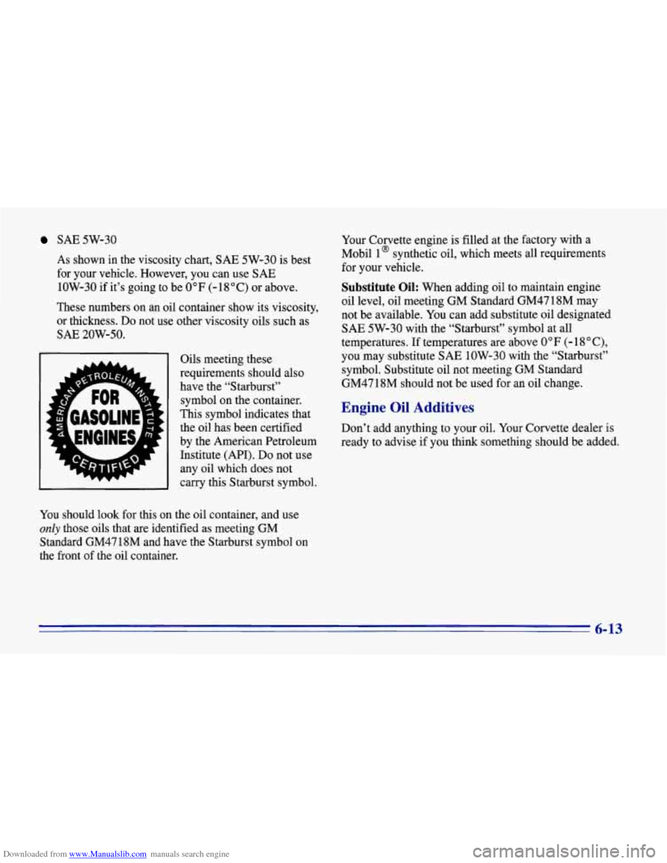 CHEVROLET CORVETTE 1996 4.G Owners Manual Downloaded from www.Manualslib.com manuals search engine SAE 5W-30
As shown in the viscosity chart, SAE 5W-30 is best
for your vehicle. However, you can use
SAE
1OW-30 if it’s going CHEVROLET CORVETTE 1996 4.G Owners Manual Downloaded from www.Manualslib.com manuals search engine SAE 5W-30
As shown in the viscosity chart, SAE 5W-30 is best
for your vehicle. However, you can use
SAE
1OW-30 if it’s going