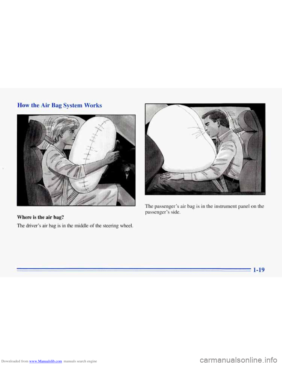 CHEVROLET CORVETTE 1996 4.G Owners Manual Downloaded from www.Manualslib.com manuals search engine I 
How the Air Bag System Works 
The passenger’s  air  bag is in  the instrument  panel on the 
passenger’s  side. 
Where is the  air bag? 