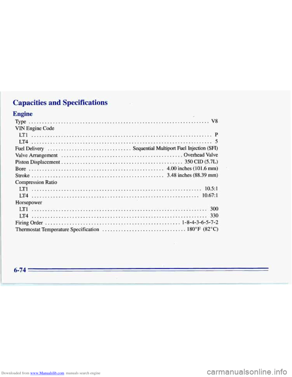 CHEVROLET CORVETTE 1996 4.G Owners Manual Downloaded from www.Manualslib.com manuals search engine Capacities  and  Specifications 
Type ................................................................... V8 
VIN  Engine  Code 
LT1 
.........