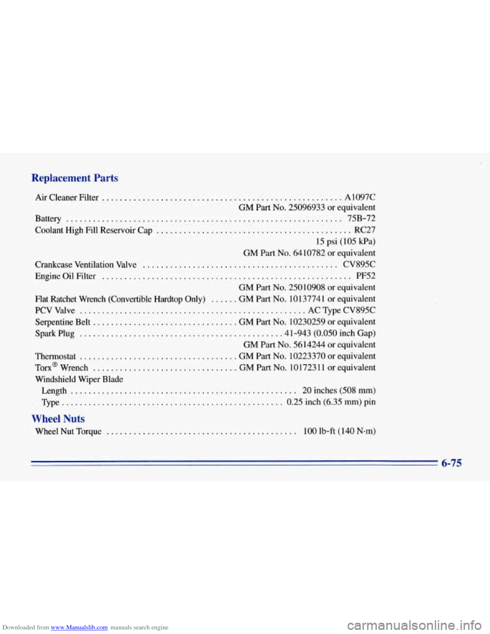 CHEVROLET CORVETTE 1996 4.G Owners Manual Downloaded from www.Manualslib.com manuals search engine Replacement  Parts 
Air  Cleaner  Filter ..................................................... A 1097C 
GM  Part 
No. 25096933  or equivalent 
