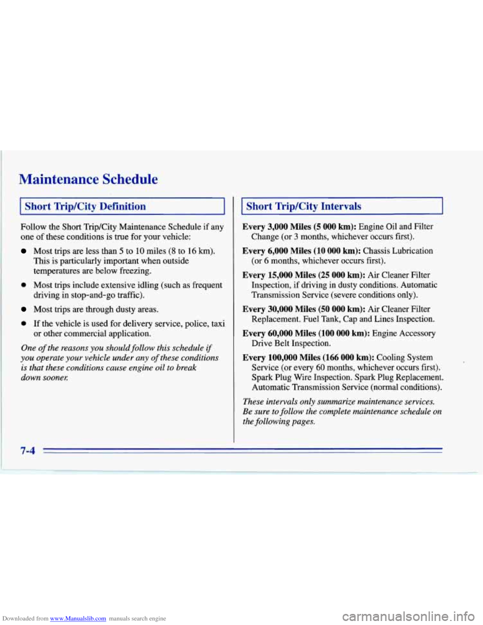 CHEVROLET CORVETTE 1996 4.G Owners Manual Downloaded from www.Manualslib.com manuals search engine Maintenance Schedule
Short Trip/City Definition
Follow the Short TripKity Maintenance Schedule if any
one of these conditions is t CHEVROLET CORVETTE 1996 4.G Owners Manual Downloaded from www.Manualslib.com manuals search engine Maintenance Schedule
Short Trip/City Definition
Follow the Short TripKity Maintenance Schedule if any
one of these conditions is t