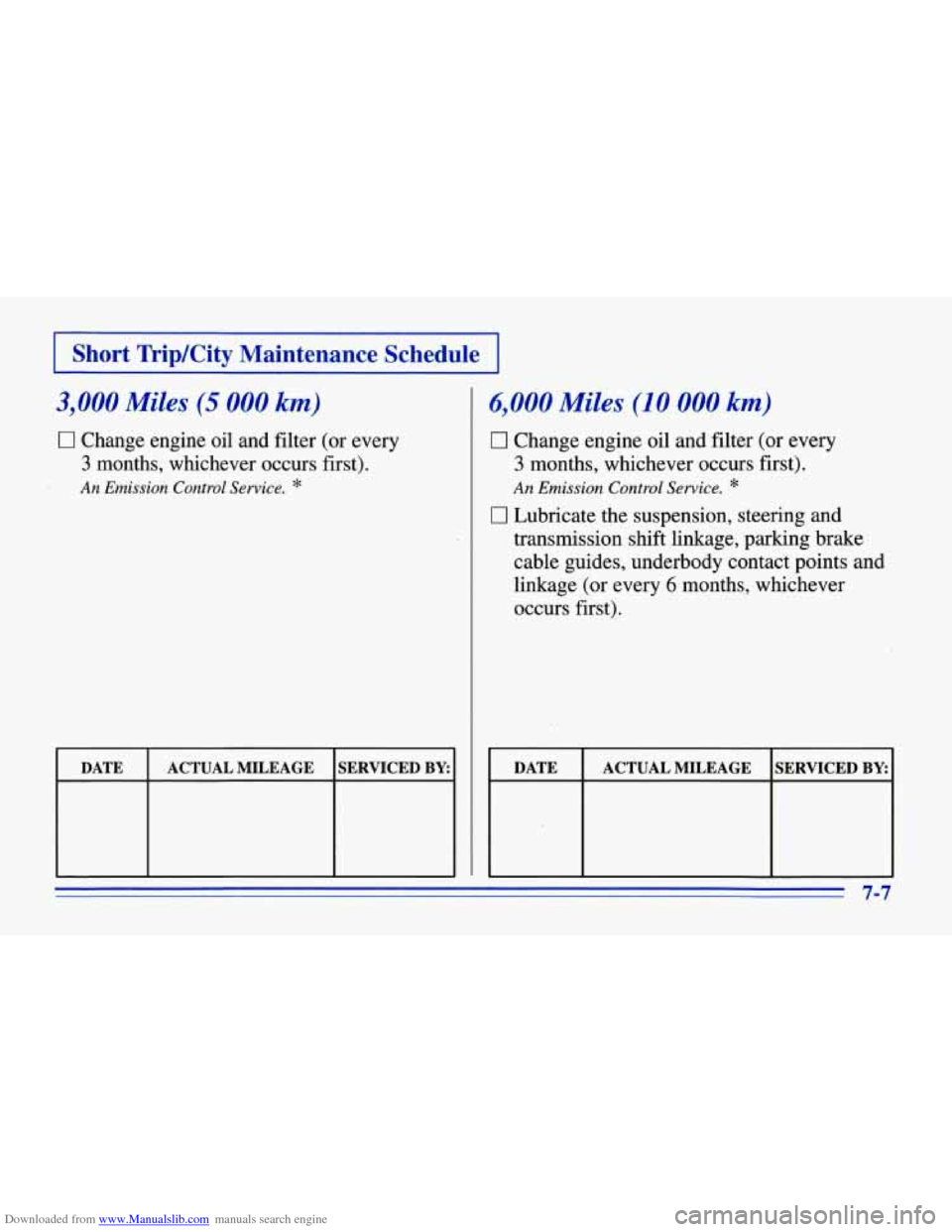 CHEVROLET CORVETTE 1996 4.G Owners Manual Downloaded from www.Manualslib.com manuals search engine I Short Trip/City Maintenance Schedule I
3,000 Miles (5 000 km)
Cl Change engine oil and filter (or every
3 months, whichever occurs CHEVROLET CORVETTE 1996 4.G Owners Manual Downloaded from www.Manualslib.com manuals search engine I Short Trip/City Maintenance Schedule I
3,000 Miles (5 000 km)
Cl Change engine oil and filter (or every
3 months, whichever occurs