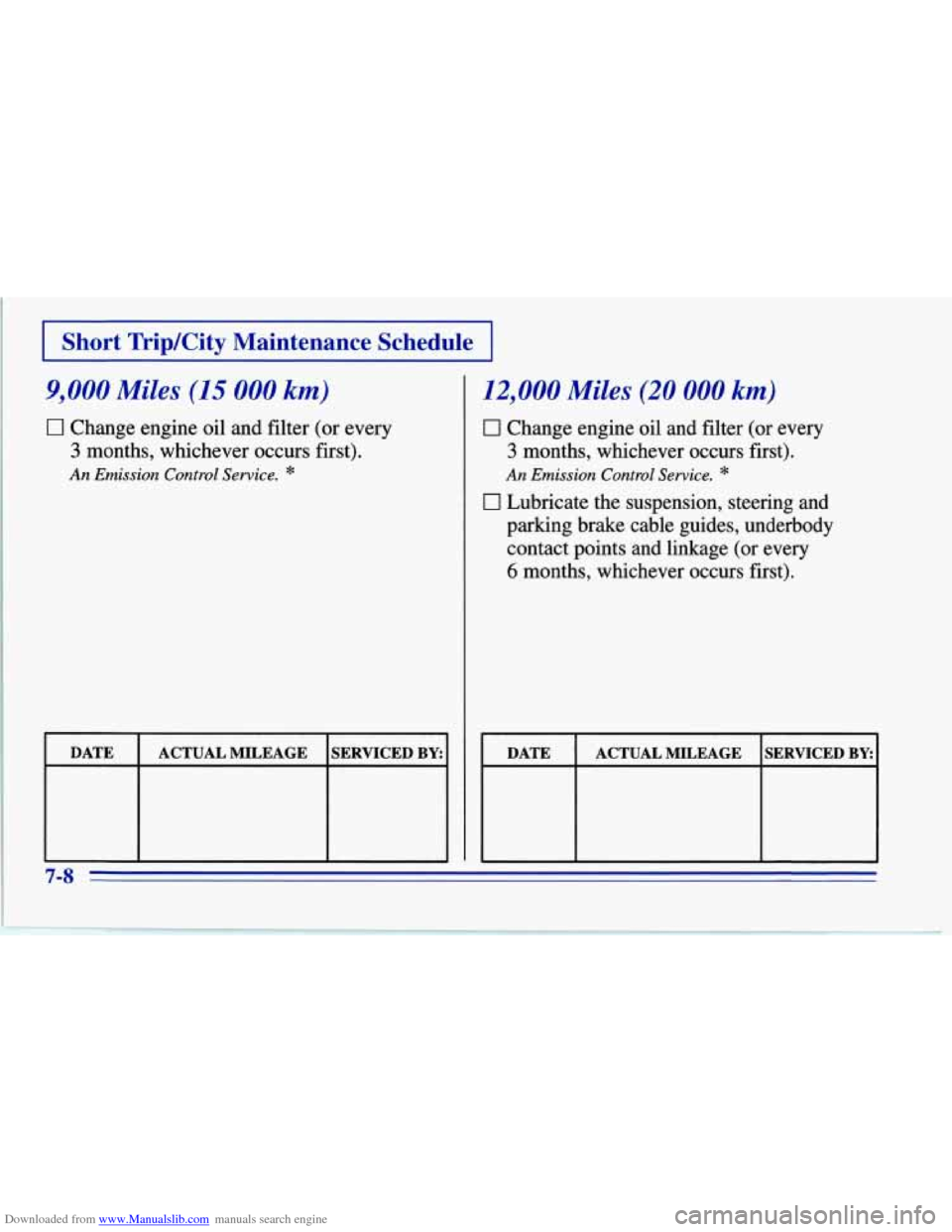 CHEVROLET CORVETTE 1996 4.G Owners Manual Downloaded from www.Manualslib.com manuals search engine I Short Trip/City Maintenance Schedule I
9,000 Miles (15 000 km)
0 Change engine oil and filter (or every
3 months, whichever occurs firs CHEVROLET CORVETTE 1996 4.G Owners Manual Downloaded from www.Manualslib.com manuals search engine I Short Trip/City Maintenance Schedule I
9,000 Miles (15 000 km)
0 Change engine oil and filter (or every
3 months, whichever occurs firs