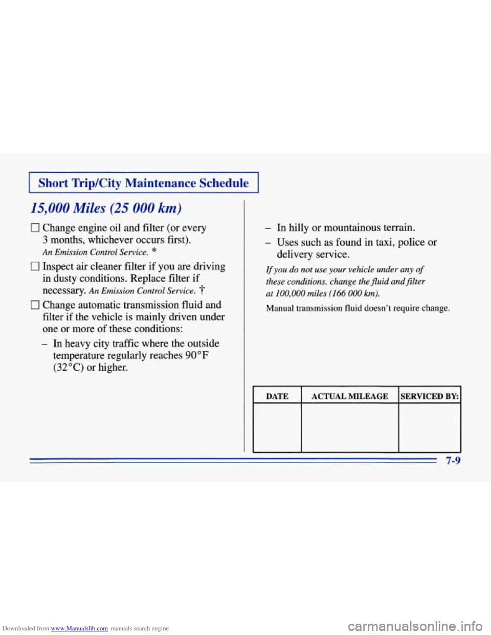 CHEVROLET CORVETTE 1996 4.G Owners Manual Downloaded from www.Manualslib.com manuals search engine I Short Trip/City Maintenance  Schedule I 
15,000 Miles (25 000 km) 
0 Change engine oil and filter (or every 
3 months,  whichever  occurs fir