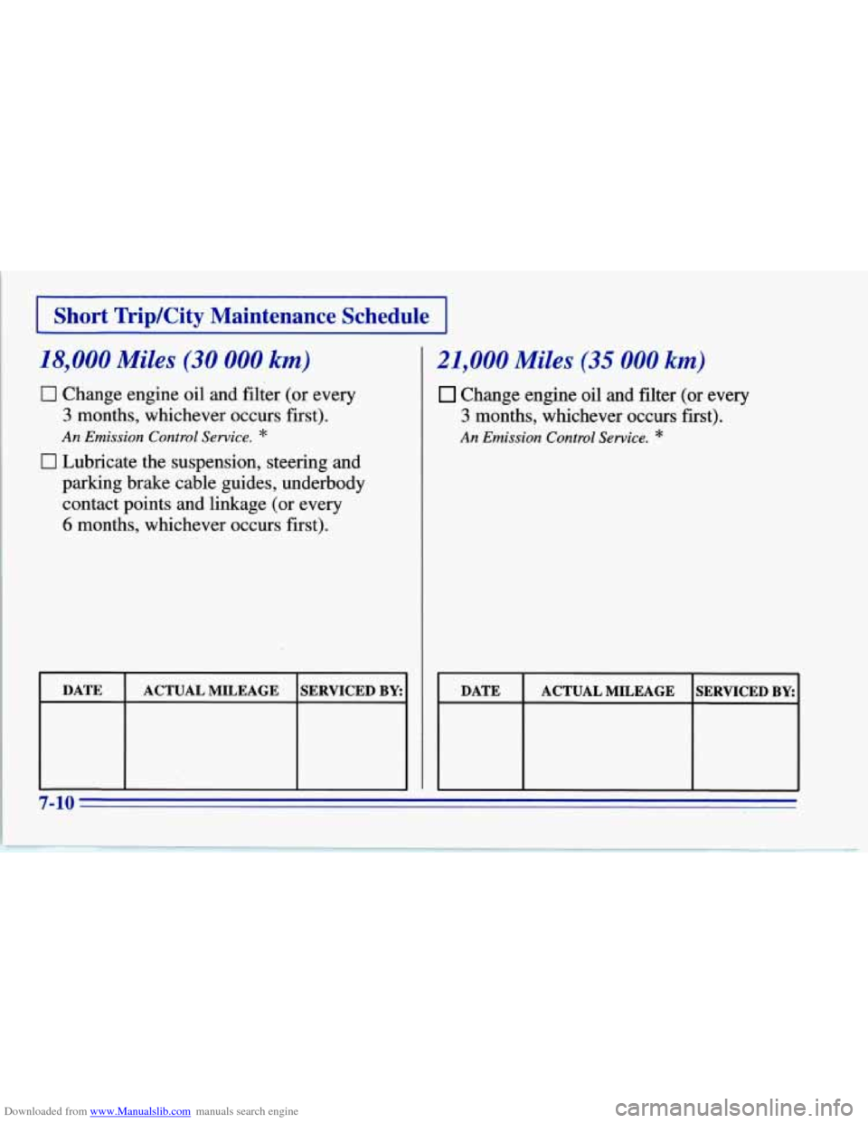 CHEVROLET CORVETTE 1996 4.G Owners Manual Downloaded from www.Manualslib.com manuals search engine I Short Trip/City Maintenance Schedule I
18,000 Miles (30 000 km)
0 Change engine oil and filter (or every
3 months, whichever occurs fi CHEVROLET CORVETTE 1996 4.G Owners Manual Downloaded from www.Manualslib.com manuals search engine I Short Trip/City Maintenance Schedule I
18,000 Miles (30 000 km)
0 Change engine oil and filter (or every
3 months, whichever occurs fi