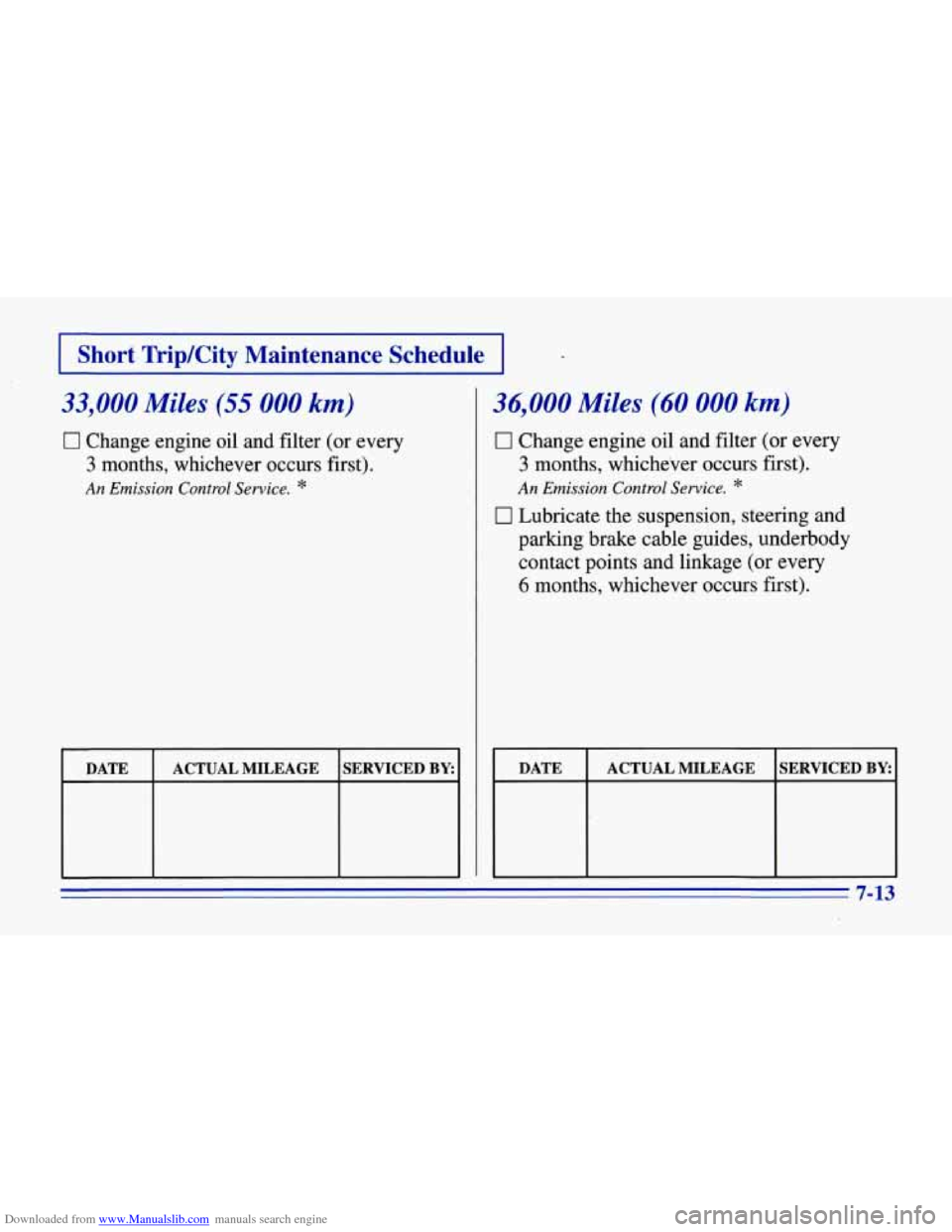 CHEVROLET CORVETTE 1996 4.G Owners Manual Downloaded from www.Manualslib.com manuals search engine Short Trip/City Maintenance Schedule
33,000 Miles (55 000 km)
0 Change engine oil and filter (or every
3 months, whichever occurs f CHEVROLET CORVETTE 1996 4.G Owners Manual Downloaded from www.Manualslib.com manuals search engine Short Trip/City Maintenance Schedule
33,000 Miles (55 000 km)
0 Change engine oil and filter (or every
3 months, whichever occurs f
