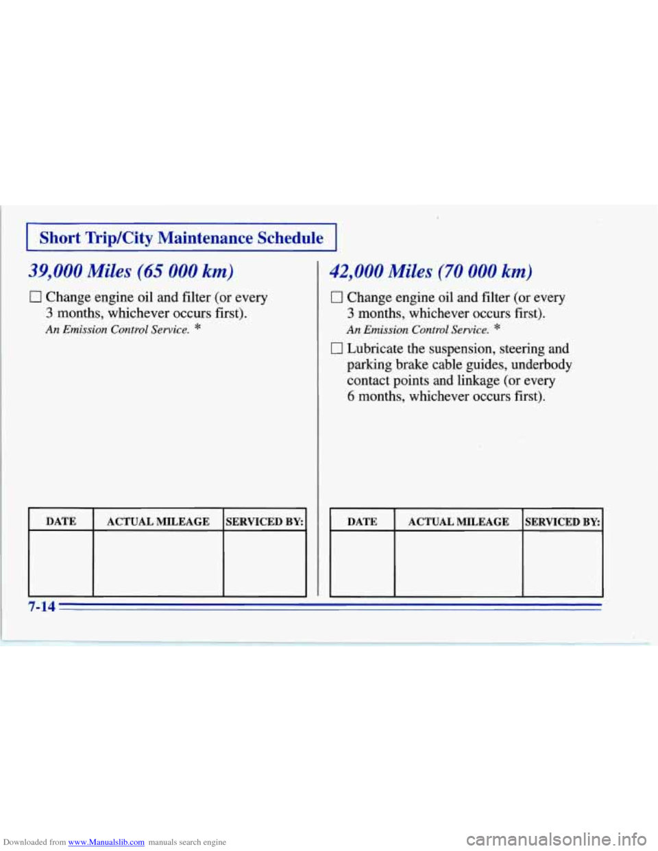 CHEVROLET CORVETTE 1996 4.G Owners Manual Downloaded from www.Manualslib.com manuals search engine I Short TripKity Maintenance Schedule I
39,000 Miles (65 000 km)
0 Change engine oil and filter (or every
3 months, whichever occurs f CHEVROLET CORVETTE 1996 4.G Owners Manual Downloaded from www.Manualslib.com manuals search engine I Short TripKity Maintenance Schedule I
39,000 Miles (65 000 km)
0 Change engine oil and filter (or every
3 months, whichever occurs f