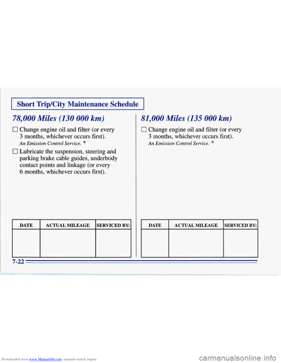 CHEVROLET CORVETTE 1996 4.G Owners Manual Downloaded from www.Manualslib.com manuals search engine I Short TripKity Maintenance Schedule I
78,000 Miles (130 000 km)
0 Change engine oil and filter (or every
3 months, whichever occurs fi CHEVROLET CORVETTE 1996 4.G Owners Manual Downloaded from www.Manualslib.com manuals search engine I Short TripKity Maintenance Schedule I
78,000 Miles (130 000 km)
0 Change engine oil and filter (or every
3 months, whichever occurs fi