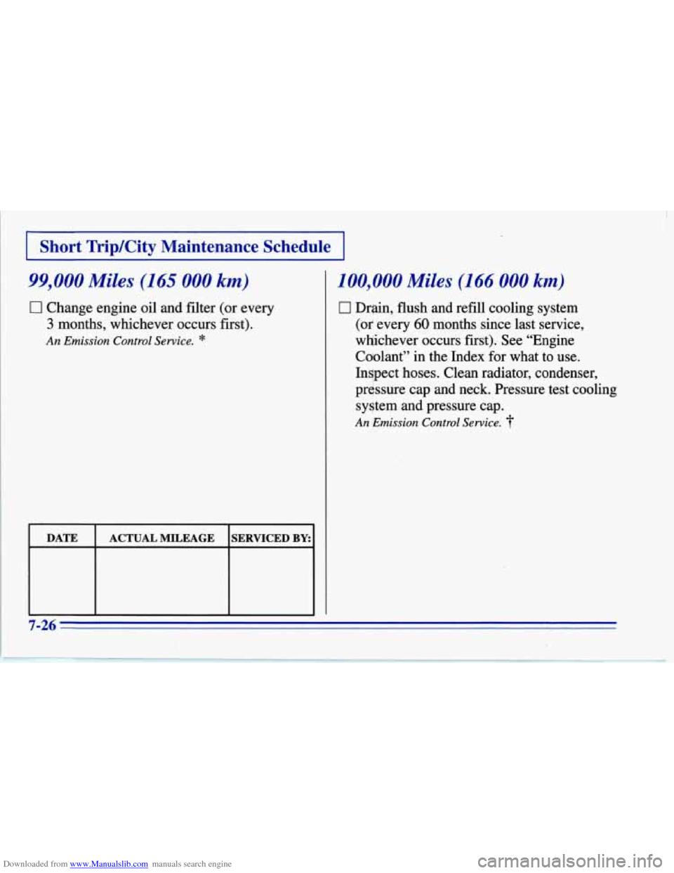 CHEVROLET CORVETTE 1996 4.G Owners Manual Downloaded from www.Manualslib.com manuals search engine I I Short TripKity Maintenance  Schedule I I I I 
99,000 Miles (165 000 km) 
0 Change engine oil and filter (or every 
3 months, whichever occu