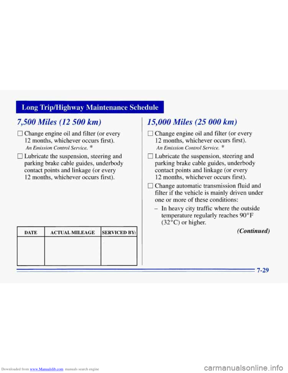 CHEVROLET CORVETTE 1996 4.G Owners Manual Downloaded from www.Manualslib.com manuals search engine umg Tripmighway Maintenance Schedule I
7,500 Miles (12 500 km)
0 Change engine oil and filter (or every
12 months, whichever occurs CHEVROLET CORVETTE 1996 4.G Owners Manual Downloaded from www.Manualslib.com manuals search engine umg Tripmighway Maintenance Schedule I
7,500 Miles (12 500 km)
0 Change engine oil and filter (or every
12 months, whichever occurs