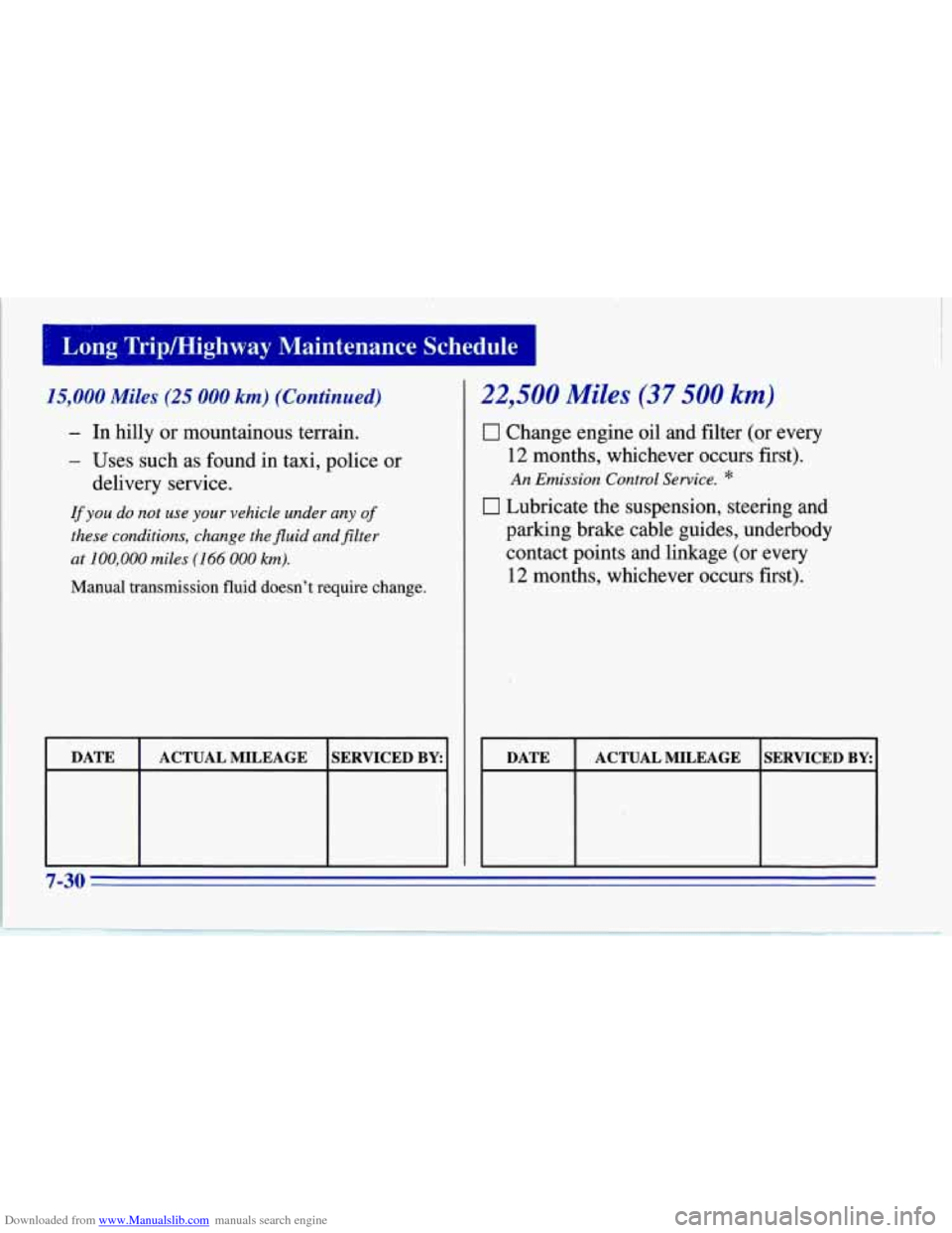 CHEVROLET CORVETTE 1996 4.G Owners Manual Downloaded from www.Manualslib.com manuals search engine I5,OOO Miles (25 000 km) (Continued)
- In hilly or mountainous terrain.
- Uses such as found in taxi, police or
delivery service.
If CHEVROLET CORVETTE 1996 4.G Owners Manual Downloaded from www.Manualslib.com manuals search engine I5,OOO Miles (25 000 km) (Continued)
- In hilly or mountainous terrain.
- Uses such as found in taxi, police or
delivery service.
If