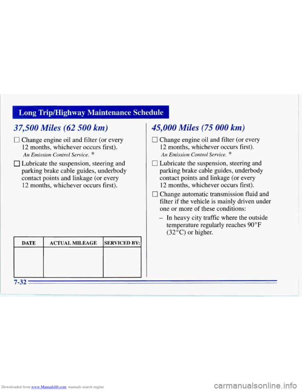 CHEVROLET CORVETTE 1996 4.G Owners Manual Downloaded from www.Manualslib.com manuals search engine T on* Tripmighway Maintenance Schedule ~ ~~i ~ ~~
d7,50C Miles (62 500 km)
0 Change engine oil and filter (or every
12 months, whichev CHEVROLET CORVETTE 1996 4.G Owners Manual Downloaded from www.Manualslib.com manuals search engine T on* Tripmighway Maintenance Schedule ~ ~~i ~ ~~
d7,50C Miles (62 500 km)
0 Change engine oil and filter (or every
12 months, whichev