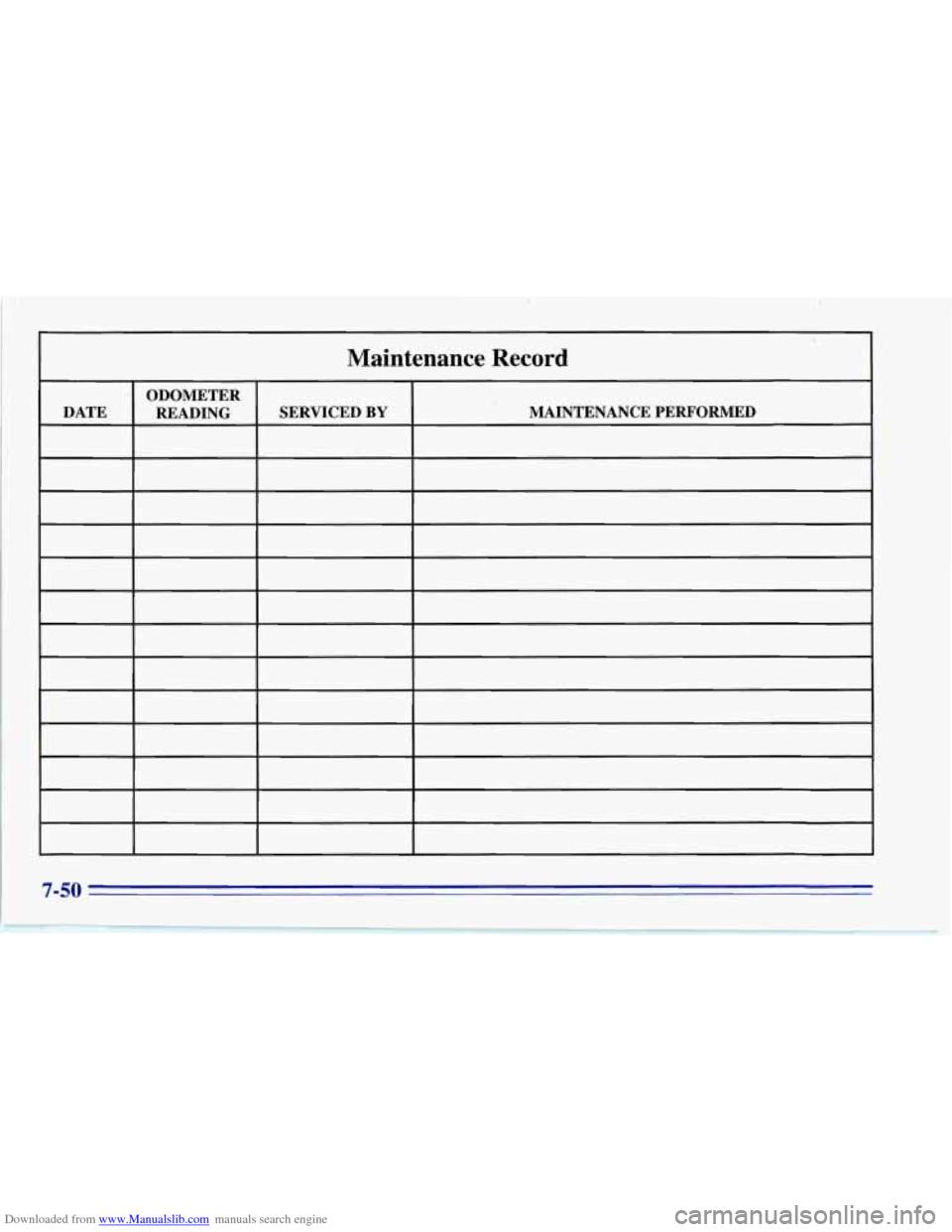 CHEVROLET CORVETTE 1996 4.G Owners Manual Downloaded from www.Manualslib.com manuals search engine ODOMETER
DATE READING
Maintenance Record
SERVICED BY MAINTENANCE PERFORMED
7-50 CHEVROLET CORVETTE 1996 4.G Owners Manual Downloaded from www.Manualslib.com manuals search engine ODOMETER
DATE READING
Maintenance Record
SERVICED BY MAINTENANCE PERFORMED
7-50