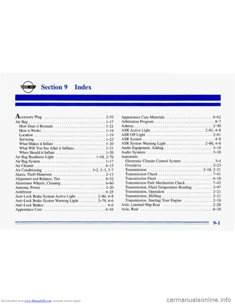 CHEVROLET CORVETTE 1996 4.G Owners Manual Downloaded from www.Manualslib.com manuals search engine Accessory Plug ............................... 2-52 
AirBag 
....................................... 1-17 
How  Does  it Restrain 
............