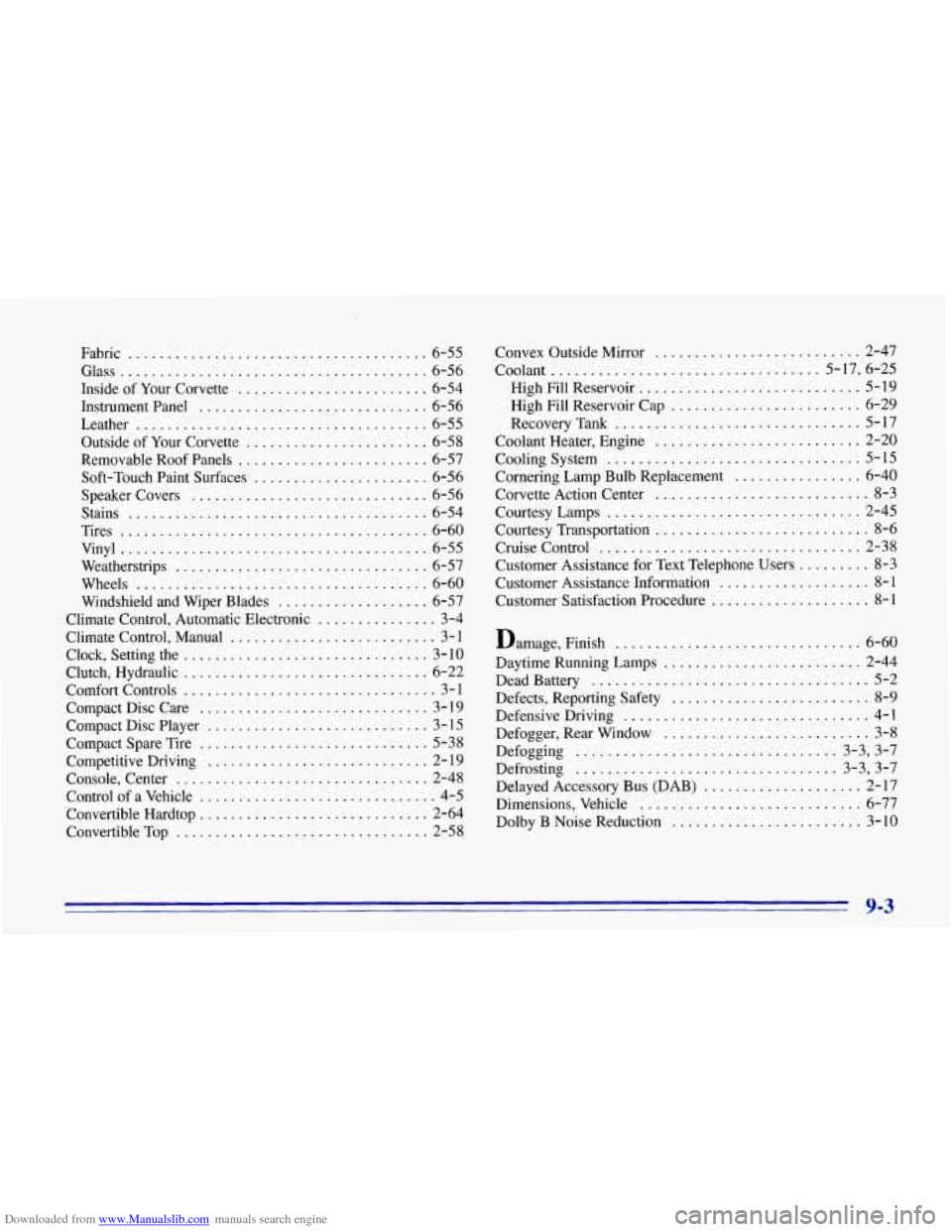 CHEVROLET CORVETTE 1996 4.G Owners Manual Downloaded from www.Manualslib.com manuals search engine Fabric ...................................... 6-55 
Glass 
....................................... 6-56 
Inside  of  Your  Corvette 
..........