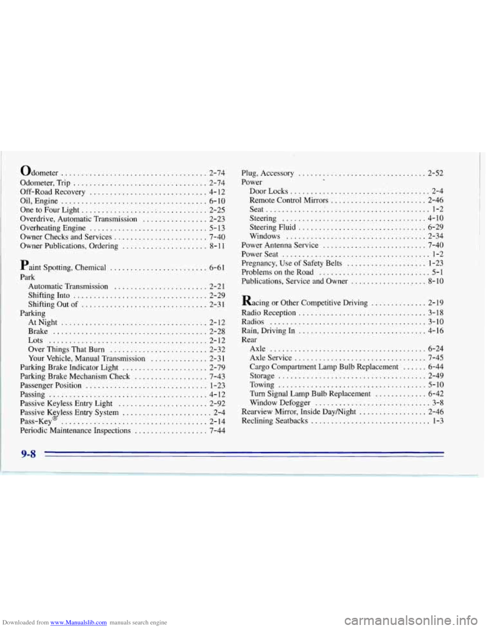 CHEVROLET CORVETTE 1996 4.G Owners Manual Downloaded from www.Manualslib.com manuals search engine Odometer .................................. 2-74
Odometer. Trip
................................. 2-74
Off-Road Recovery
................ CHEVROLET CORVETTE 1996 4.G Owners Manual Downloaded from www.Manualslib.com manuals search engine Odometer .................................. 2-74
Odometer. Trip
................................. 2-74
Off-Road Recovery
................