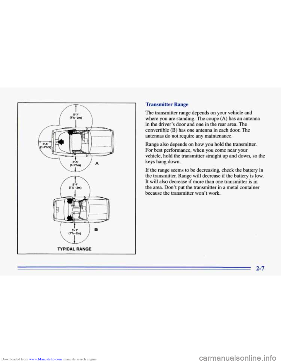 CHEVROLET CORVETTE 1996 4.G Service Manual Downloaded from www.Manualslib.com manuals search engine TYPICAL RANGE
1 I
WA
( 1-1 hm)
fl (1 I2 5-7 - 2m)
Transmitter Range
The transmitter range depends on your vehicle and where CHEVROLET CORVETTE 1996 4.G Service Manual Downloaded from www.Manualslib.com manuals search engine TYPICAL RANGE
1 I
WA
( 1-1 hm)
fl (1 I2 5-7 - 2m)
Transmitter Range
The transmitter range depends on your vehicle and where