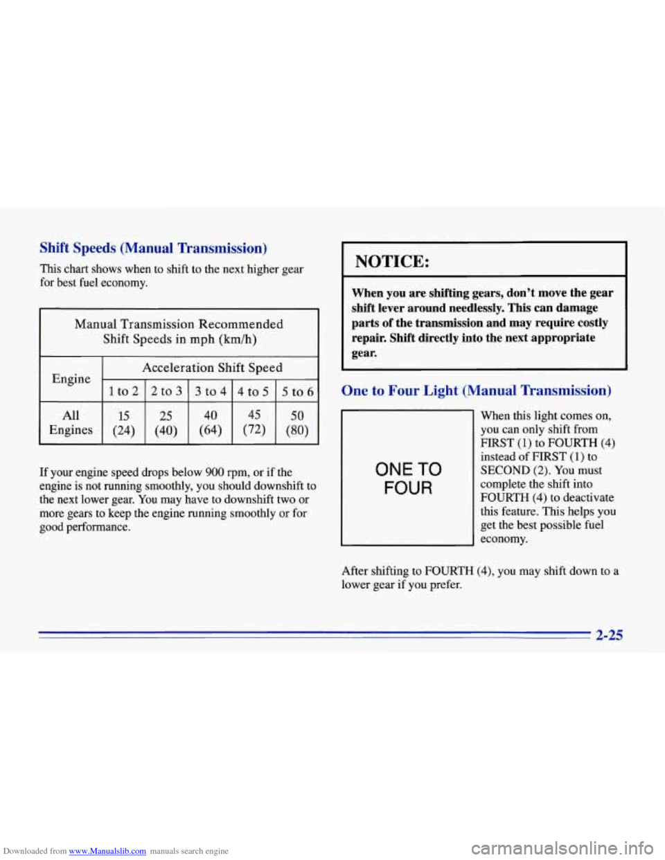 CHEVROLET CORVETTE 1996 4.G Repair Manual Downloaded from www.Manualslib.com manuals search engine Shift Speeds (Manual Transmission)
This chart shows when to shift to the next higher gear
for best fuel economy.
Manual Transmissi CHEVROLET CORVETTE 1996 4.G Repair Manual Downloaded from www.Manualslib.com manuals search engine Shift Speeds (Manual Transmission)
This chart shows when to shift to the next higher gear
for best fuel economy.
Manual Transmissi