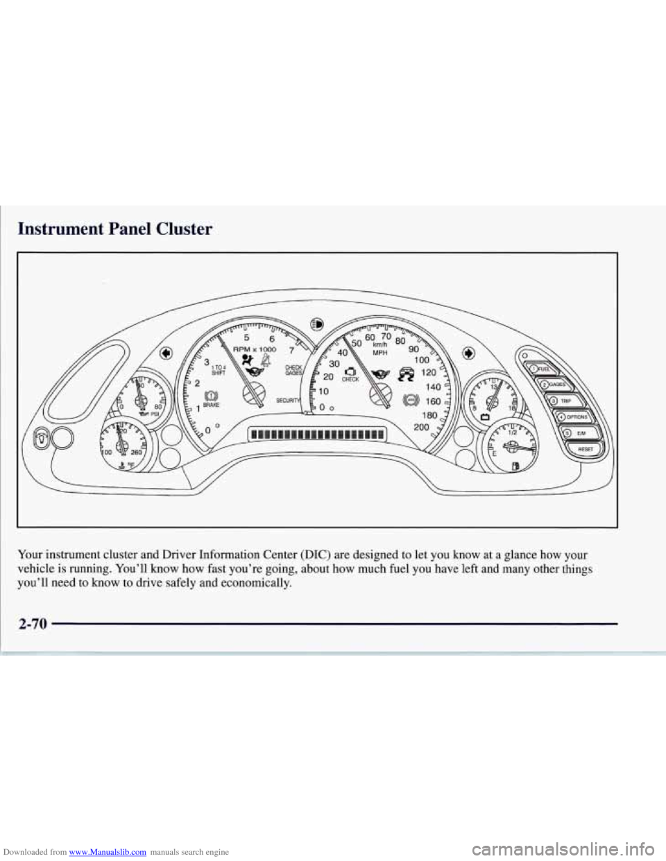 CHEVROLET CORVETTE 1997 5.G Owners Manual Downloaded from www.Manualslib.com manuals search engine Instrument Panel Cluster
Your instrument cluster and Driver Information Center (DIC) are designed to let you know at a glance how you CHEVROLET CORVETTE 1997 5.G Owners Manual Downloaded from www.Manualslib.com manuals search engine Instrument Panel Cluster
Your instrument cluster and Driver Information Center (DIC) are designed to let you know at a glance how you