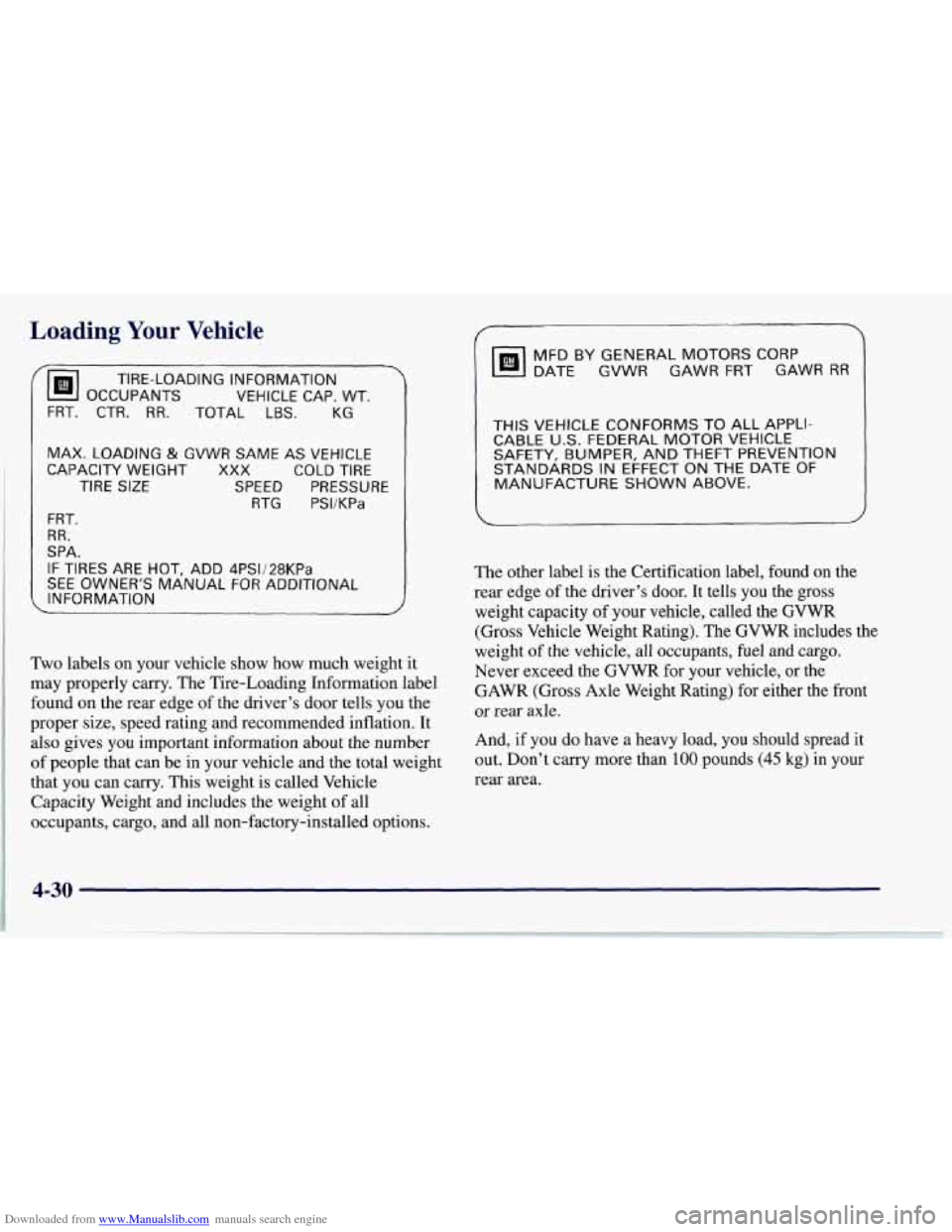 CHEVROLET CORVETTE 1997 5.G Owners Manual Downloaded from www.Manualslib.com manuals search engine Loading Your Vehicle
/ -
OCCUPANTS VEHICLE CAP. WT.
TIRE-LOADING INFORMATION
FRT. CTR.
RR. TOTAL LBS. KG
MAX.
LOADING & GVWR SAME AS CHEVROLET CORVETTE 1997 5.G Owners Manual Downloaded from www.Manualslib.com manuals search engine Loading Your Vehicle
/ -
OCCUPANTS VEHICLE CAP. WT.
TIRE-LOADING INFORMATION
FRT. CTR.
RR. TOTAL LBS. KG
MAX.
LOADING & GVWR SAME AS