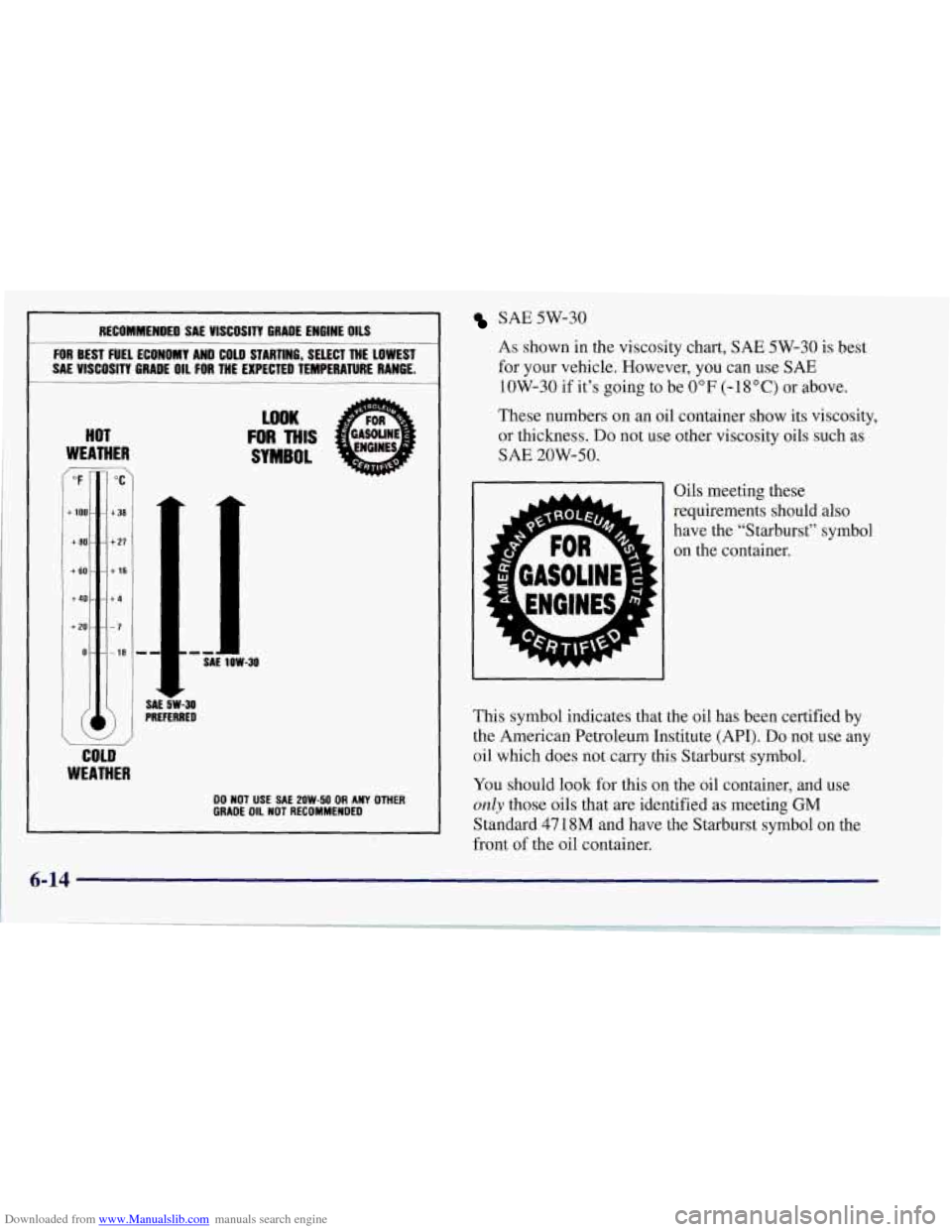 CHEVROLET CORVETTE 1997 5.G Owners Manual Downloaded from www.Manualslib.com manuals search engine RECOMMENDED SAE VISCOSITY GRADE ENGINE OILS
FOR BEST FUEL ECONOMY AND COLD STARTING, SELECT THE LOWEST
SAE VISCOSITY GRADE OIL
FO CHEVROLET CORVETTE 1997 5.G Owners Manual Downloaded from www.Manualslib.com manuals search engine RECOMMENDED SAE VISCOSITY GRADE ENGINE OILS
FOR BEST FUEL ECONOMY AND COLD STARTING, SELECT THE LOWEST
SAE VISCOSITY GRADE OIL
FO