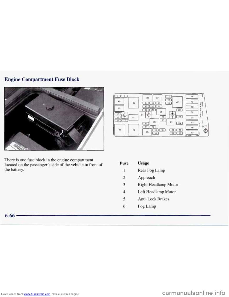 CHEVROLET CORVETTE 1997 5.G Owners Manual Downloaded from www.Manualslib.com manuals search engine Engine Compartment Fuse Block
There is one fuse block in the engine compartment
located on the passenger’s side of the vehicle i CHEVROLET CORVETTE 1997 5.G Owners Manual Downloaded from www.Manualslib.com manuals search engine Engine Compartment Fuse Block
There is one fuse block in the engine compartment
located on the passenger’s side of the vehicle i